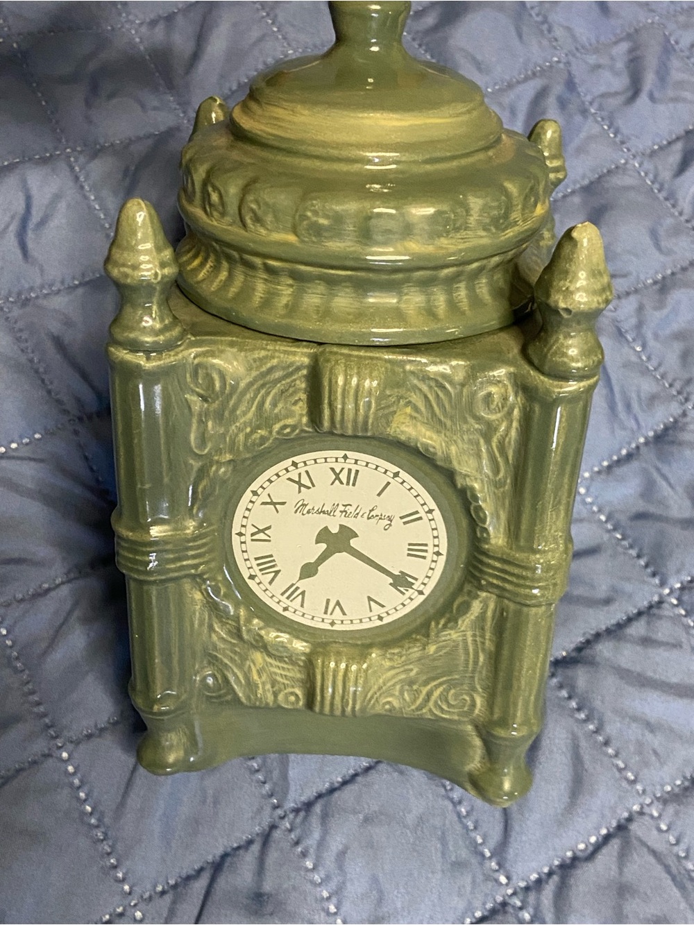 MARSHAL FIELDS & CO. Clock Vintage Glazed Ceramic Cookie/ Candy Jar